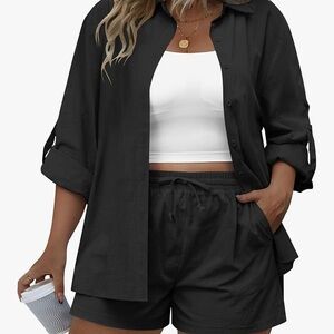 TWO PIECE BLACK BUTTON DOWN SHIRT AND MATCHING DRAWSTRING SHORT SET